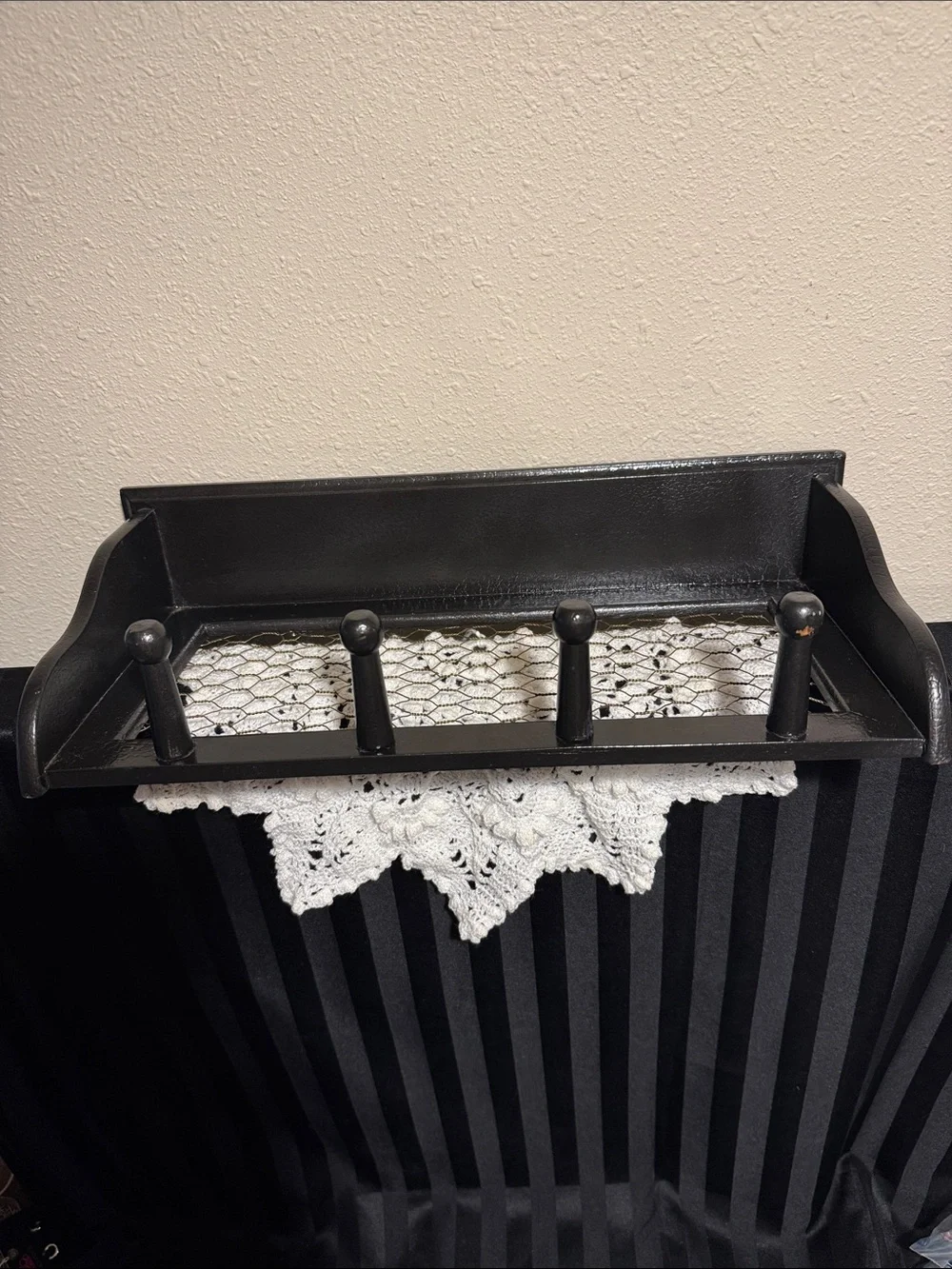 Rustic Black Wall Shelf with Chicken Wire and Hooks